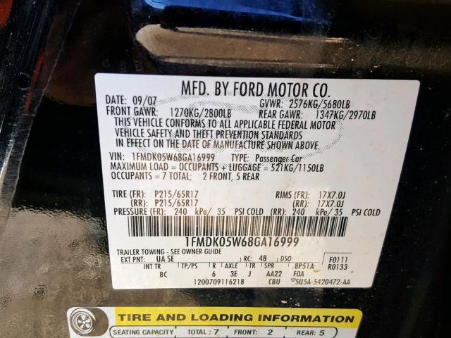 1FMDK05W68GA16999 - 2008 FORD TAURUS X S BLACK photo 10