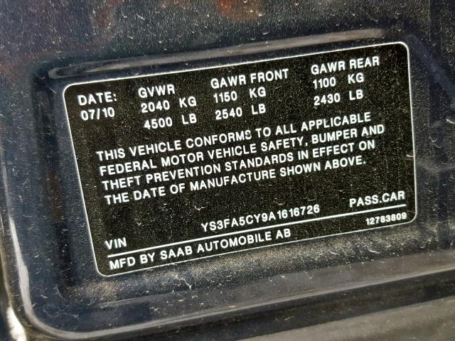 YS3FA5CY9A1616726 - 2010 SAAB 9-3 2.0T BLUE photo 10