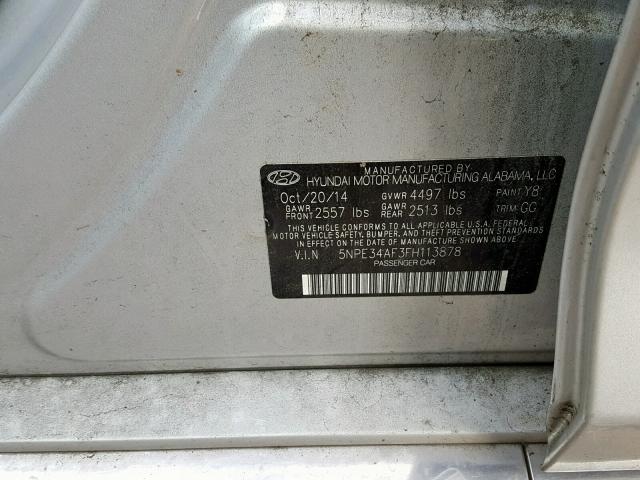 5NPE34AF3FH113878 - 2015 HYUNDAI SONATA SPO SILVER photo 10