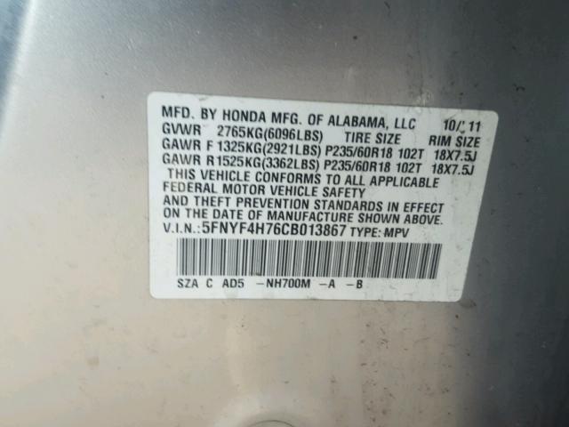 5FNYF4H76CB013867 - 2012 HONDA PILOT EXLN SILVER photo 10