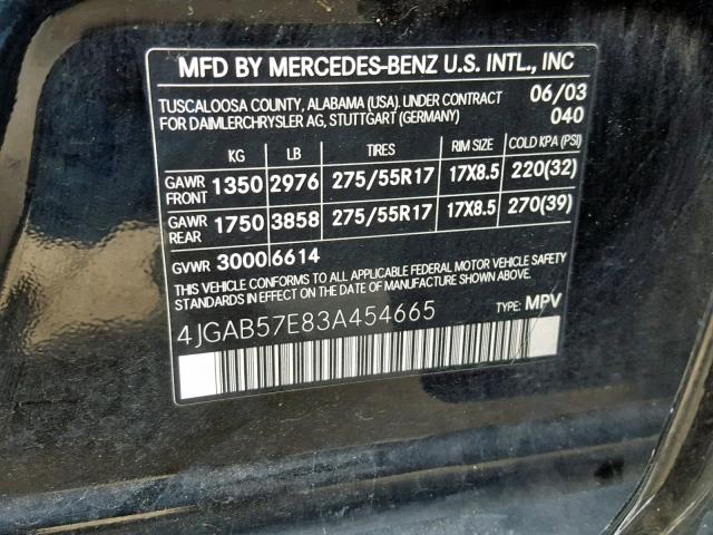 4JGAB57E83A454665 - 2003 MERCEDES-BENZ ML 350 BLACK photo 10