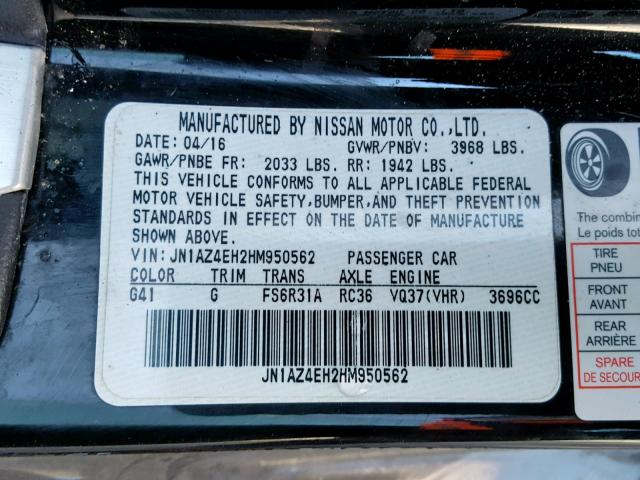 JN1AZ4EH2HM950562 - 2017 NISSAN 370Z BASE BLACK photo 10