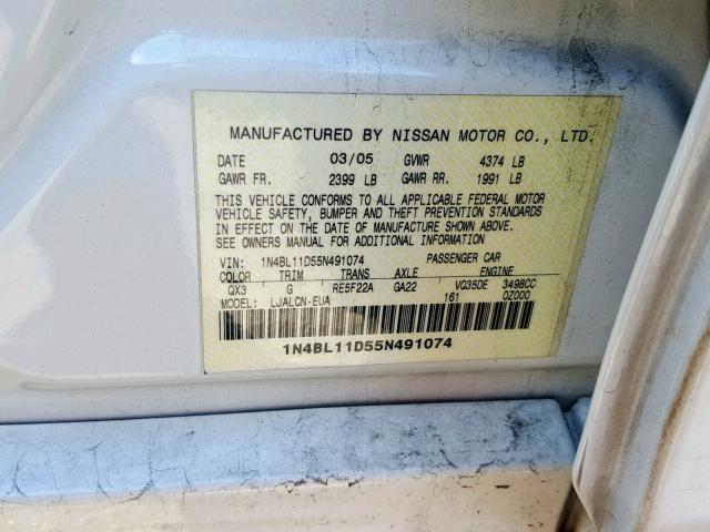 1N4BL11D55N491074 - 2005 NISSAN ALTIMA SE WHITE photo 10