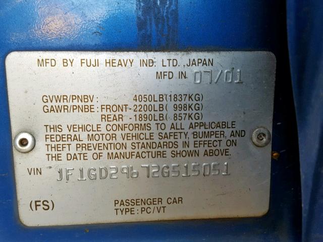 JF1GD29672G515051 - 2002 SUBARU IMPREZA WR BLUE photo 10