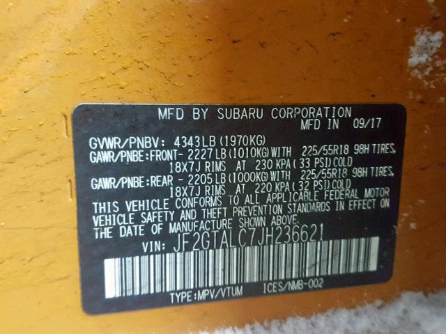 JF2GTALC7JH236621 - 2018 SUBARU CROSSTREK ORANGE photo 10