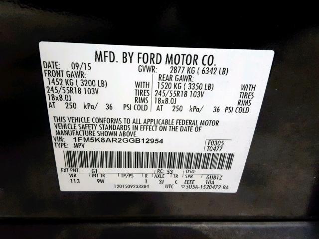 1FM5K8AR2GGB12954 - 2016 FORD EXPLORER P BLACK photo 10