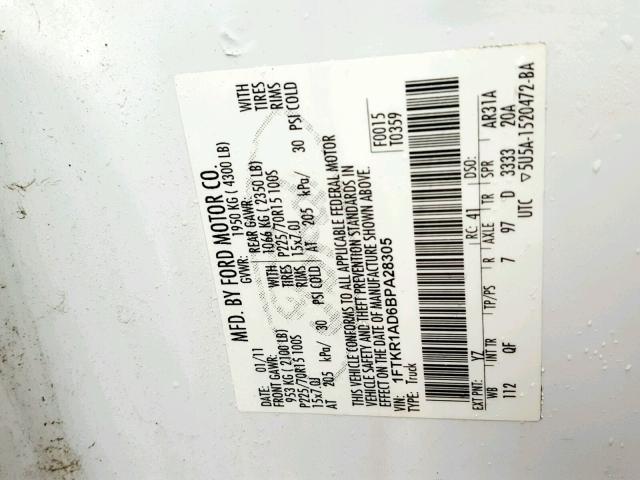 1FTKR1AD6BPA28305 - 2011 FORD RANGER WHITE photo 10