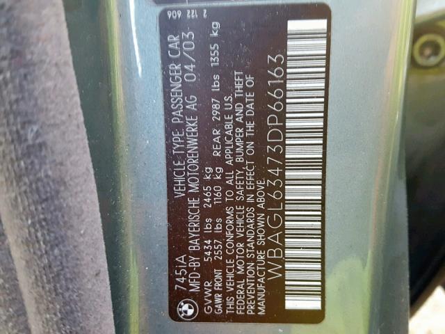 WBAGL63473DP66163 - 2003 BMW 745 I GREEN photo 10