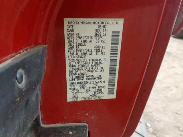 1N6BA06A58N316494 - 2008 NISSAN TITAN XE RED photo 10