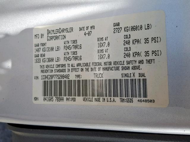 1D3HE28P77S208402 - 2007 DODGE DAKOTA QUA SILVER photo 10