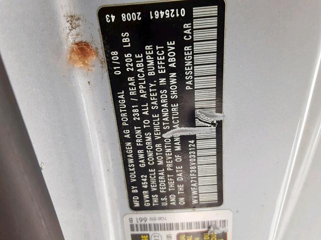 WVWFA71F38V033124 - 2008 VOLKSWAGEN EOS LUX Srebrny zdjęcie 10