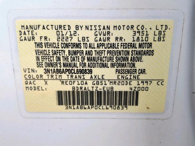 3N1AB6AP0CL690839 - 2012 NISSAN SENTRA 2.0 WHITE photo 10