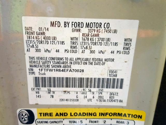 1FTFW1R64EFA70028 - 2014 FORD F150 SVT R CREAM photo 10