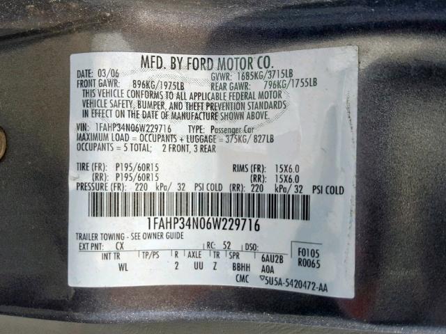 1FAHP34N06W229716 - 2006 FORD FOCUS ZX4 CHARCOAL photo 10