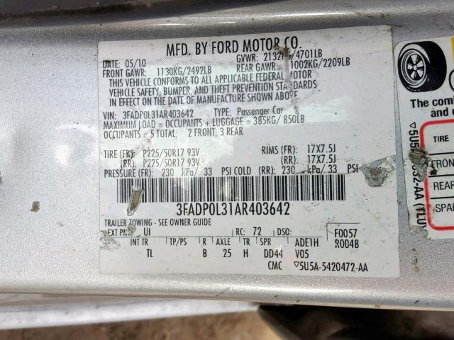 3FADP0L31AR403642 - 2010 FORD FUSION HYB SILVER photo 10