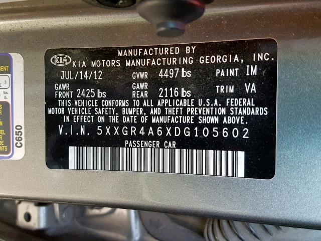 5XXGR4A6XDG105602 - 2013 KIA OPTIMA SX GRAY photo 10