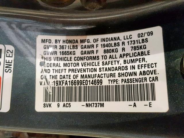 19XFA16699E014699 - 2009 HONDA CIVIC CHARCOAL photo 10