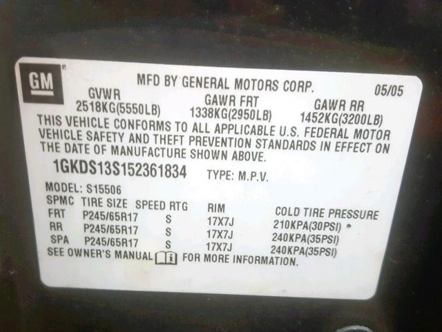 1GKDS13S152361834 - 2005 GMC ENVOY BLACK photo 10