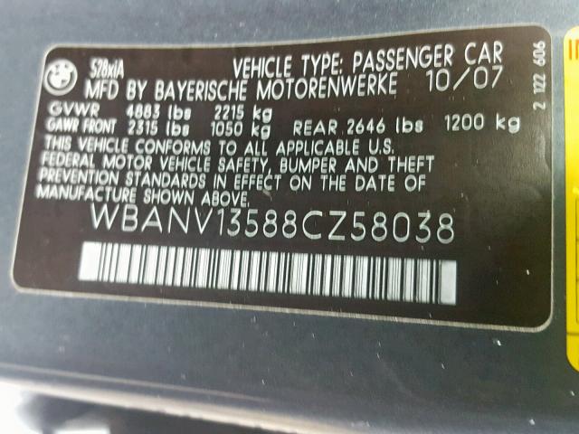 WBANV13588CZ58038 - 2008 BMW 528 XI GRAY photo 10