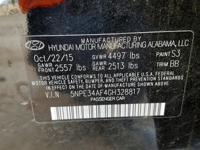 5NPE34AF4GH328817 - 2016 HYUNDAI SONATA SPO BLACK photo 10