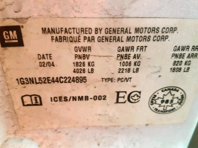 1G3NL52E44C224895 - 2004 OLDSMOBILE ALERO GL WHITE photo 10