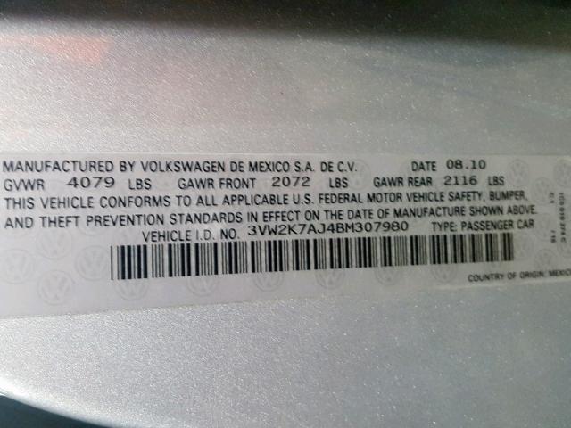 3VW2K7AJ4BM307980 - 2011 VOLKSWAGEN JETTA BASE SILVER photo 10