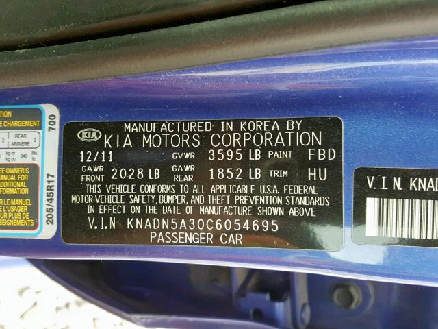 KNADN5A30C6054695 - 2012 KIA RIO EX BLUE photo 10