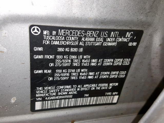 4JGAB54E9YA175592 - 2000 MERCEDES-BENZ ML 320 SILVER photo 10