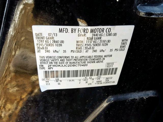 2FMDK3JC2DBC70420 - 2013 FORD EDGE SEL BLACK photo 10