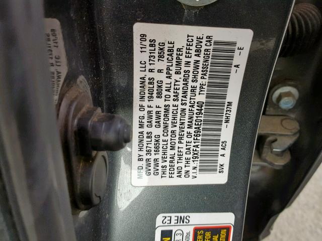 19XFA1F69AE019440 - 2010 HONDA CIVIC GRAY photo 10