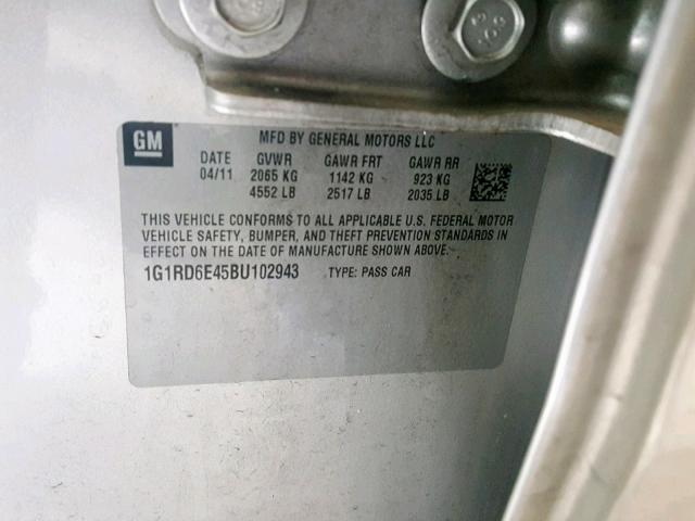 1G1RD6E45BU102943 - 2011 CHEVROLET VOLT SILVER photo 10