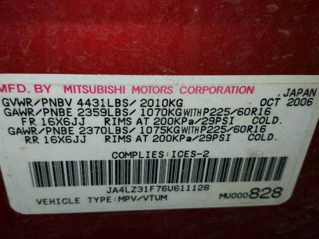 JA4LZ31F76U611128 - 2006 MITSUBISHI OUTLANDER RED photo 10