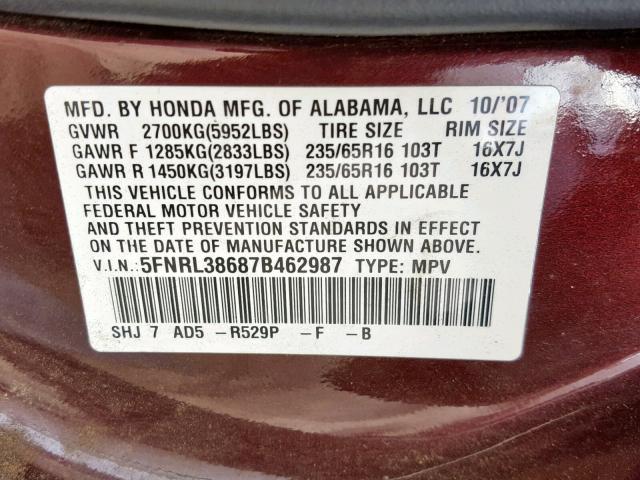 5FNRL38687B462987 - 2007 HONDA ODYSSEY EX MAROON photo 10