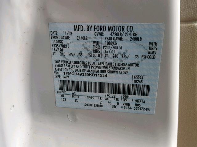 1FMCU49359KB11534 - 2009 FORD ESCAPE HYB WHITE photo 10