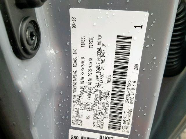 5TFRM5F1XKX135442 - 2019 TOYOTA TUNDRA DOU GRAY photo 10