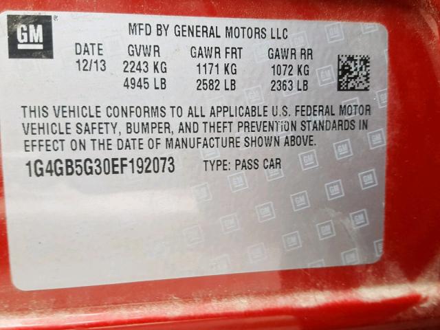 1G4GB5G30EF192073 - 2014 BUICK LACROSSE RED photo 10