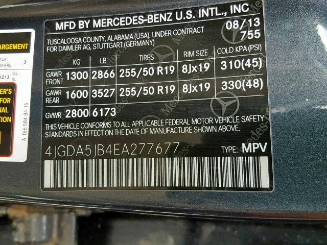 4JGDA5JB4EA277677 - 2014 MERCEDES-BENZ ML 350 GRAY photo 10