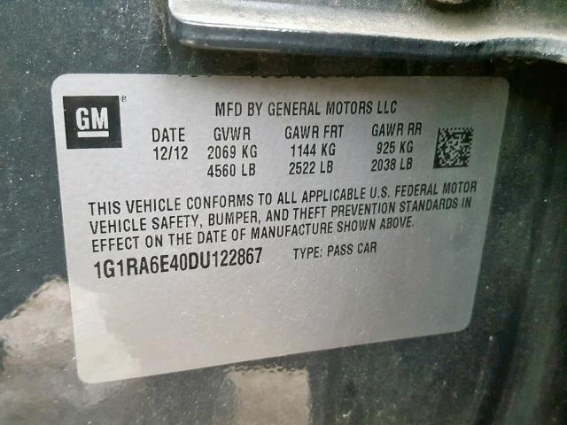 1G1RA6E40DU122867 - 2013 CHEVROLET VOLT GRAY photo 10