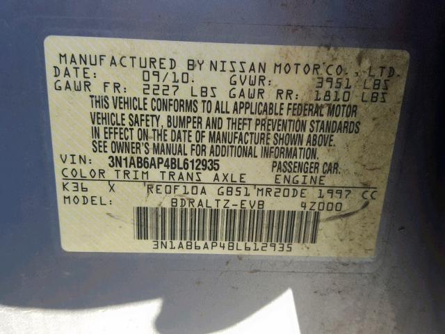 3N1AB6AP4BL612935 - 2011 NISSAN SENTRA 2.0 SILVER photo 10