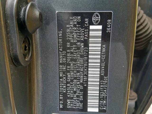 4T1BF3EK7BU181723 - 2011 TOYOTA CAMRY BASE CHARCOAL photo 10