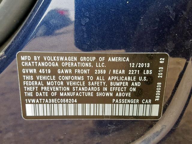 1VWAT7A38EC056204 - 2014 VOLKSWAGEN PASSAT S BLUE photo 10