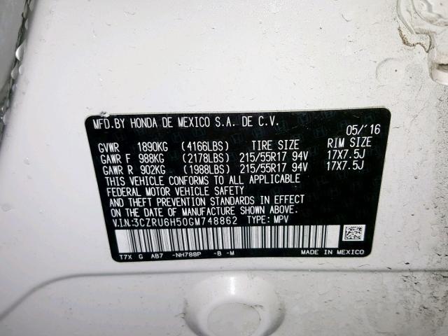 3CZRU6H50GM748862 - 2016 HONDA HR-V EX WHITE photo 10