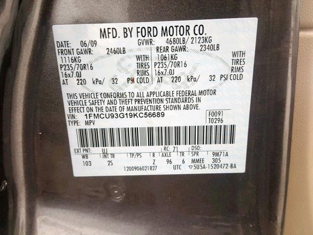 1FMCU93G19KC56689 - 2009 FORD ESCAPE XLT GRAY photo 10