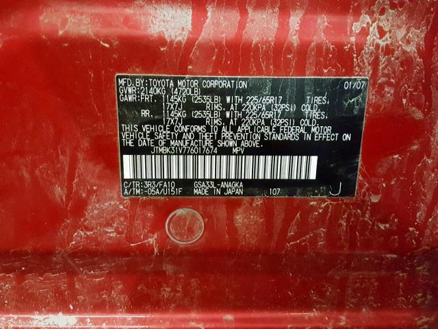 JTMBK31V776017674 - 2007 TOYOTA RAV4 LIMIT RED photo 10