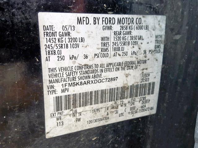 1FM5K8ARXDGC72897 - 2013 FORD EXPLORER P BLACK photo 10