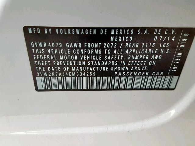 3VW2K7AJ4EM334259 - 2014 VOLKSWAGEN JETTA BASE WHITE photo 10