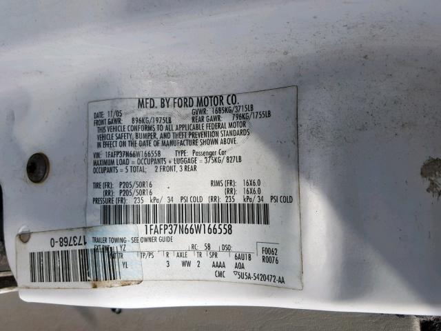 1FAFP37N66W166558 - 2006 FORD FOCUS ZX5 WHITE photo 10