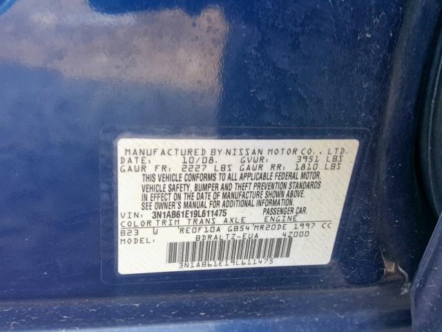 3N1AB61E19L611475 - 2009 NISSAN SENTRA 2.0 BLUE photo 10