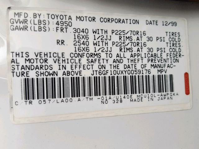 JT6GF10UXY0059176 - 2000 LEXUS RX 300 WHITE photo 10