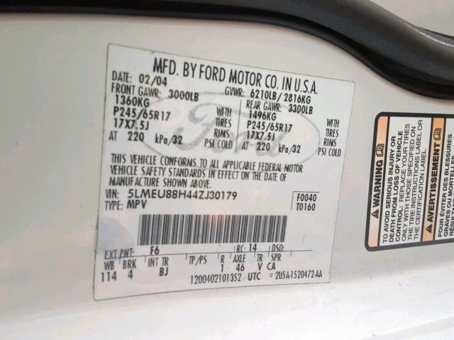 5LMEU88H44ZJ30179 - 2004 LINCOLN AVIATOR 白色 照片 10